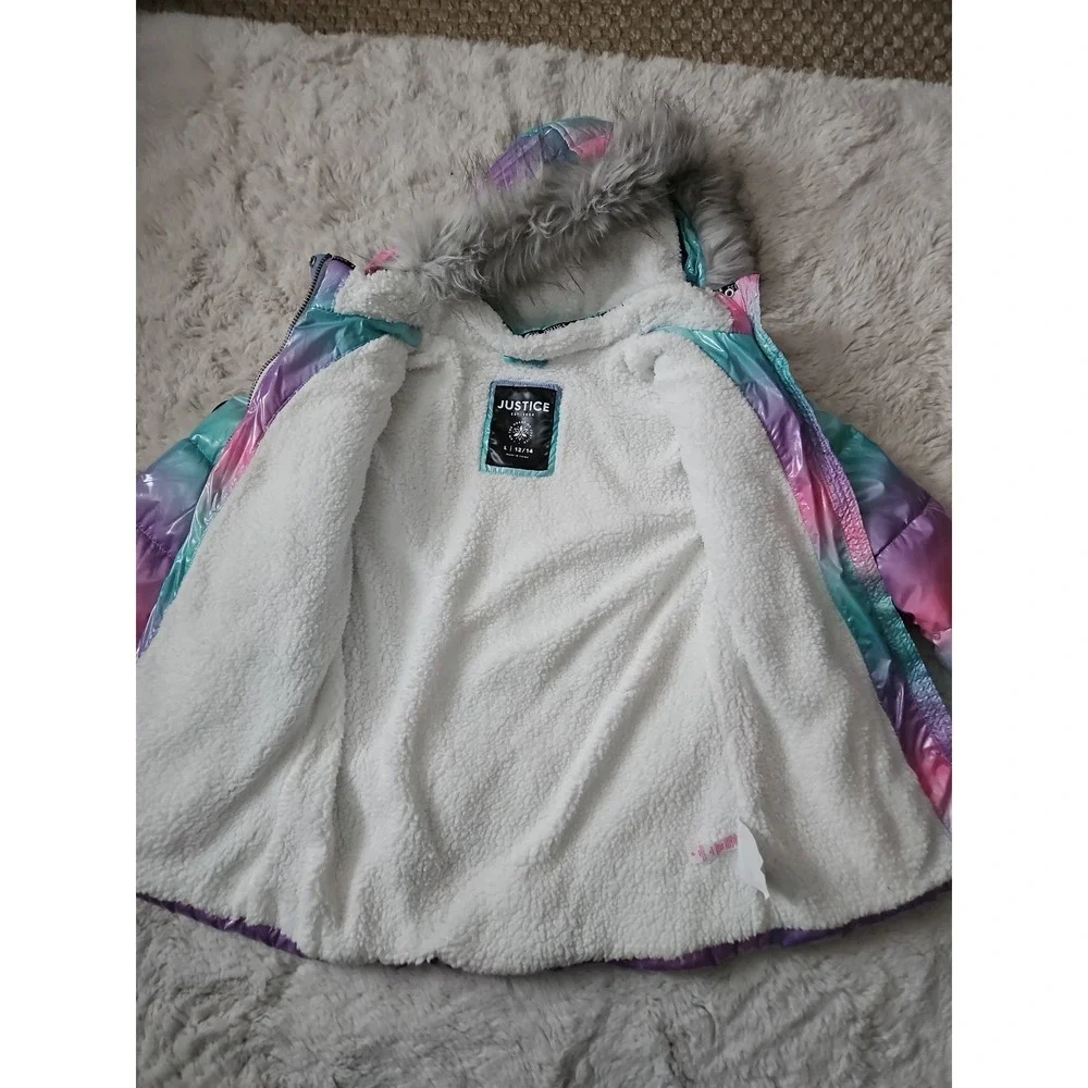 Justice Girls Ombre Metallic Puffer Jacket with Removable Faux Fur Hood